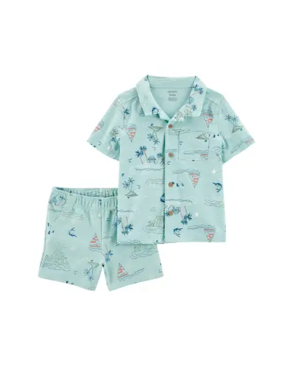 Camisa e short azul água com estampa de praia e coqueiros