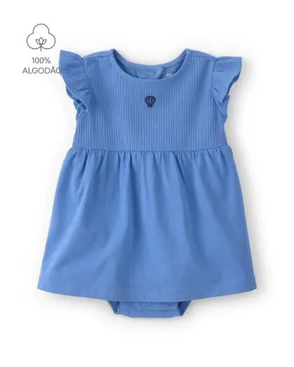 Vestido body azul com mangas franzidas e detalhe bordado